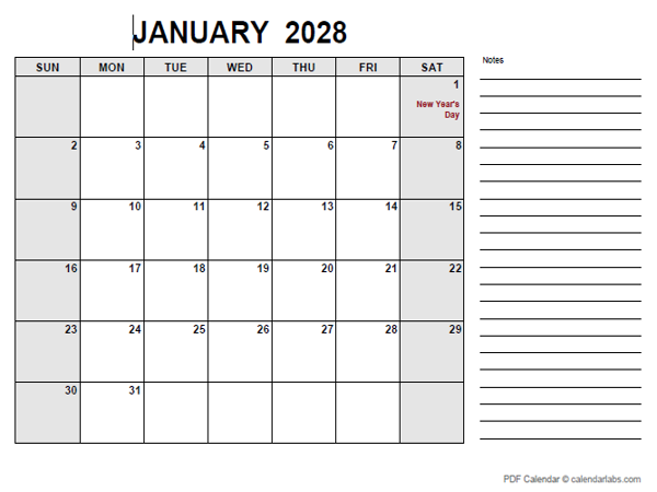 2028 Calendar with UAE Holidays PDF