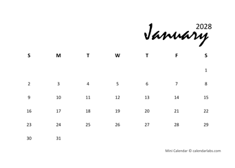 2028 Classic Mini Calendar