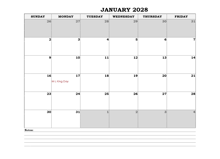 2028 Excel Monthly Calendar With Notes