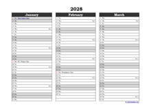 Editable 2028 Excel Three Month Calendar