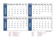 2028 Four Month Calendar with Australia Holidays