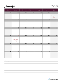 2028 Google Docs Calendar With Large Boxes