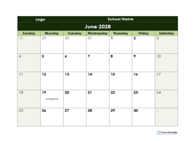 2028 Google Docs School Monthly Calendar