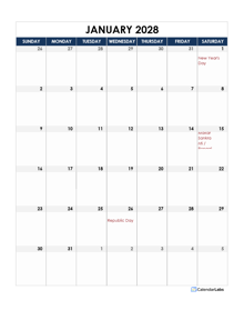 2028 India Calendar Spreadsheet Template