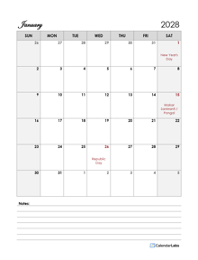 2028 India Calendar Template Large Boxes