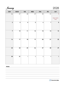 2028 Ireland Calendar Template Large Boxes
