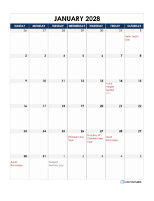 2028 Malaysia Calendar Spreadsheet Template