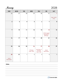 2028 Malaysia Calendar Template Large Boxes