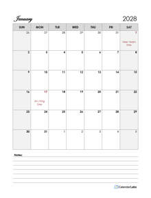 2028 Calendar Template Large Boxes