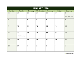 2028 Monthly Google Docs Calendar Template