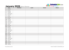 2028 Monthly Menu Planner