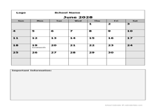 2028 Monthly School Jun-Sep Calendar