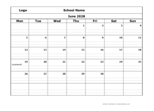 2028 Monthly School Mon Jun-Sep Calendar