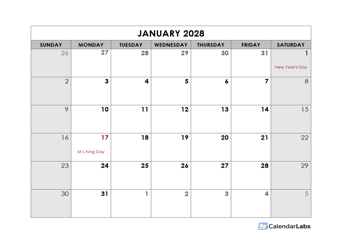 2028 Monthly US Holidays LibreOffice Calendar