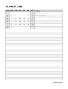 2028 Monthly Word Calendar Diary Template
