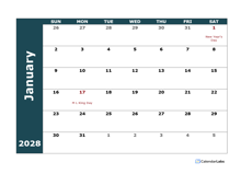 2028 Monthly Word Calendar Landscape Format