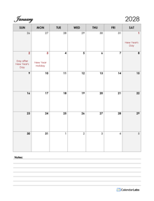 2028 New Zealand Calendar Template Large Boxes