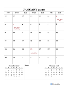 2028 Printable Calendar with Australia Holidays