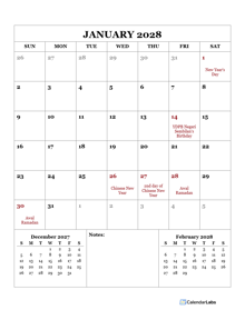 2028 Printable Calendar with Malaysia Holidays