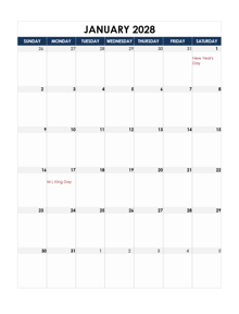 2028 Printable Calendar With large Boxes