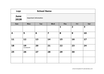 2028 School Monthly Jun-Sep Calendar