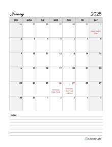 2028 Singapore Calendar Template Large Boxes