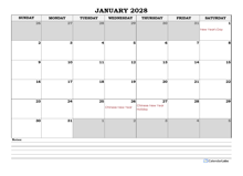 2028 Singapore Monthly Calendar with Notes