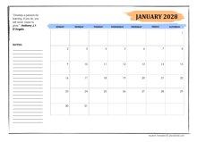 2028 Student Calendar With Note Space