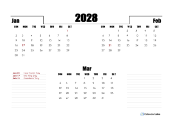 2028 Three Months Word Calendar Template
