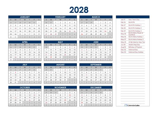 2028 UAE Annual Calendar with Holidays