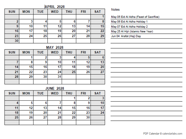 2028 UAE Quarterly Calendar with Holidays