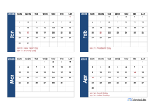 2028 Word Calendar Four Months Per Page
