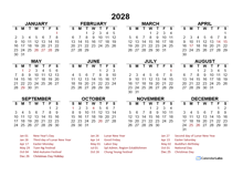 2028 Year at a Glance Calendar with Hong Kong Holidays