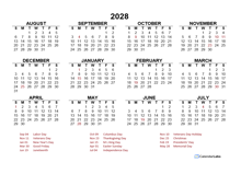 2028 Year at a Glance Calendar with Ireland Holidays