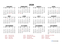 2028 Year at a Glance Calendar with Singapore Holidays