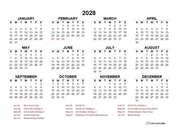 2028 Year at a Glance Calendar with UAE Holidays