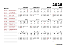 2028 Year Calendar Word Template With Holidays