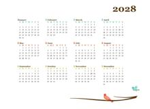 2028 Blank Yearly Calendar Bird Template