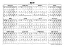 2028 Blank Yearly Calendar Landscape