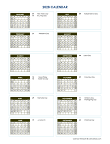 2028 Full Year Calendar Vertical Template