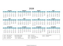 2028 Yearly Google Docs Calendar With Holiday