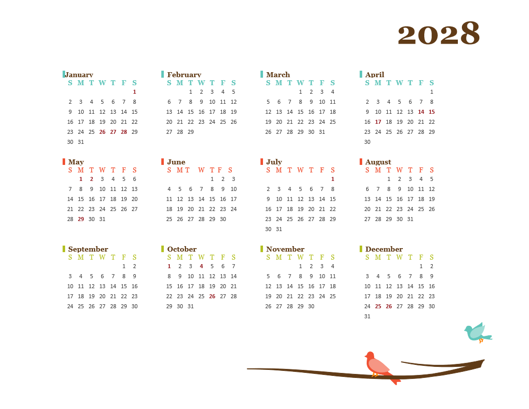 2028 Yearly Hong Kong Calendar Design Template