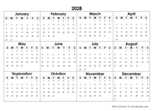2028 Yearly Mini Calendar Template