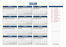 2028 Yearly PDF One Page Calendar
