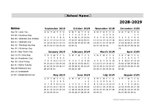 2028 Yearly School Sep-Aug Calendar With Holidays