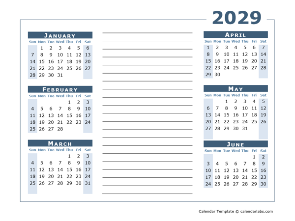 2029 Blank Two Page Calendar Template For 2029