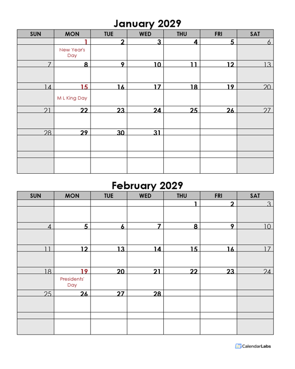 2029 2 Months Calendar Template