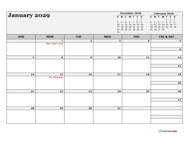 2029 Monthly Planner Template Landscape