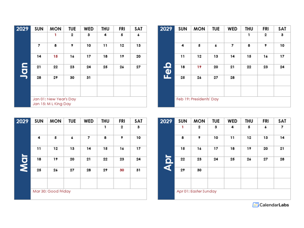 2029 Four Month Calendar Template