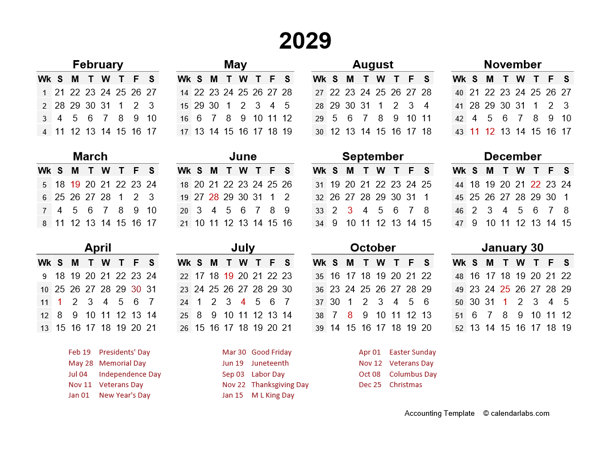 2029 Accounting Period Calendar 4-4-5